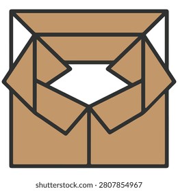 Brown cardboard box with open flaps, simple illustration for packaging or shipping concepts.