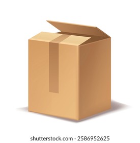 Brown cardboard box with an open lid and visible packing tape on a white background. The box is slightly shaded, giving it a realistic appearance. Vector illustration