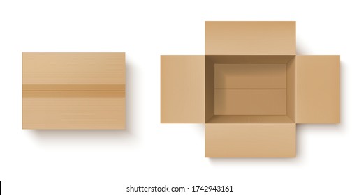 Brown cardboard box realistic mockup of delivery packages vector design. Open and closed carton parcel, top view of empty shipping or storage packaging containers