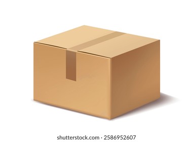 Brown cardboard box sealed with packing tape, placed on a white background. The box is depicted in a realistic vector style, representing shipping, delivery, and packaging concepts. Vector