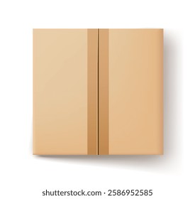 Brown cardboard box sealed with tape, viewed from the top. The box casts a shadow on a white background. Concept of packaging, shipping, and delivery. Vector illustration
