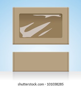Brown cardboard box take-away / take-out food container vector visual, plain blank unprinted with clear plastic film window