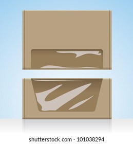 Brown cardboard box take-away / take-out sandwich food container vector visual, plain blank unprinted with clear plastic film window
