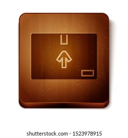 Brown Cardboard box with traffic symbol icon isolated on white background. Box, package, parcel sign. Delivery, transportation and shipping. Wooden square button. Vector Illustration