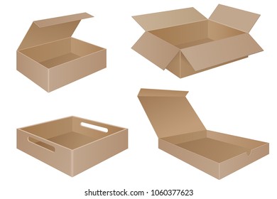 Brown cardboard boxes. Collection. Vector 3d illustration isolated on white background