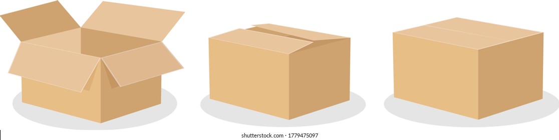 brown cardboard boxes on white background, open and closed. Vector illustrations.