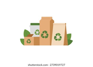 Brown cardboard boxes with recycling symbols on them, surrounded by green leaves on a pure white background, representing eco friendly packaging and sustainable living.