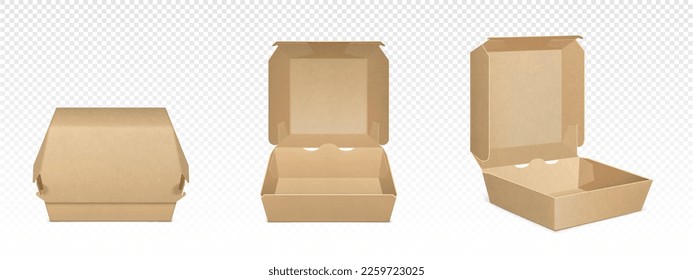 Brown cardboard burger box, realistic vector illustration. Paper takeaway blank craft package, fast food lunch container template, open, closed mock up, angle view isolated on transparent background