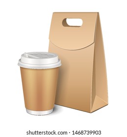 Brown Cardboard Carry Box Bag, Paper Cup With Lid. Packaging With Handles For Food, Gift. Container For Hot Drink: Coffee, Java, Tea, Cappuccino. Isolated On White Background. Mock Up.