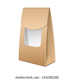 Brown Cardboard Carry Box Bag Packaging With Handles For Food, Gift Or Other Products. Illustration Isolated On White Background. Mock Up Template Ready For Your Design. Vector EPS10