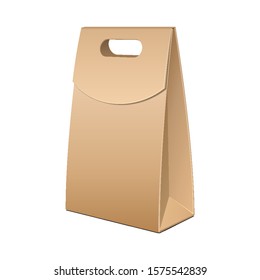 Brown Cardboard Carry Box Bag Packaging With Handles For Food, Gift Or Other Products. Illustration Isolated On White Background. Mock Up Template Ready For Your Design. Vector EPS10