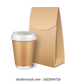 Brown Cardboard Carry Box Bag, Paper Cup With Lid. Packaging With Handles For Food, Gift. Container For Hot Drink: Coffee, Java, Tea, Cappuccino. Isolated On White Background. Mock Up.