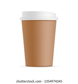 Brown cardboard coffee cup with plastic lid isolated on white background. Vector illustration