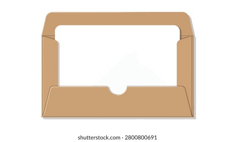 A brown cardboard envelope is shown open with the flap lifted, revealing a blank white interior. The image is set against a transparent background with soft shadows indicating a top-down perspective.