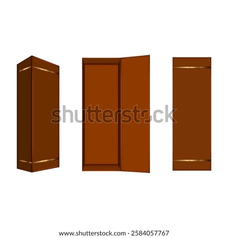 Brown cardboard gift box with gold accents designed for packaging whiskey bottles or gourmet provisions blank mockup, isometric and front multiple views, strong alcohol product presentation.