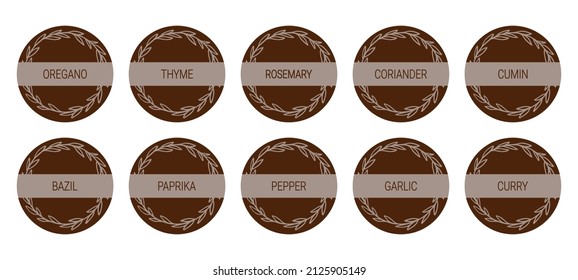 Brown cardboard labels for spices. Round food labels or stickers with a floral frame. For marking kitchen food containers and jars. Vector set isolated on white background