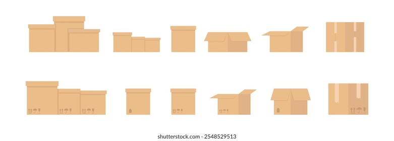Brown cardboard and paper packaging boxes set. Shipping carton open and closed box with breakable signs for parcel packaging template, transporting goods, delivery and transportation background. EPS10