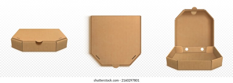 Brown Cardboard Pizza Box 3d Realistic Vector. Open Empty And Closed Carton Package For Delivery Fast Food, Top Side View Isolated Mockup Illustration On White Background