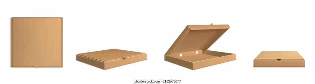 Brown cardboard pizza box 3d realistic vector. Open empty and closed craft carton package for delivery fast food, top side view isolated mockup illustration on white background