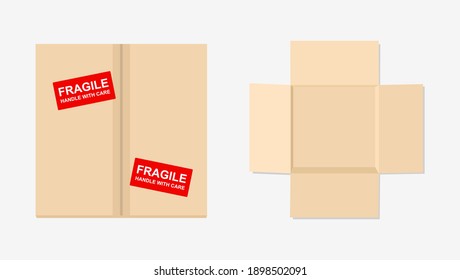 Brown cardboard shipping boxes - empty and sealed packing cartons with red stickers that say Fragile, Handle With Care. Top view of shipping boxes - vector illustration.