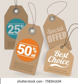 Brown cardboard shopping, sale, discount, special offer and the best choise  tags and labels various design vector template set.