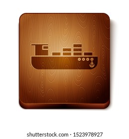 Brown Cargo ship with boxes delivery service icon isolated on white background. Delivery, transportation. Freighter with parcels, boxes, goods. Wooden square button. Vector Illustration