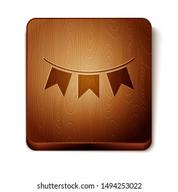 Brown Carnival garland with flags icon isolated on white background. Party pennants for birthday celebration, festival and fair decoration. Wooden square button. Vector Illustration