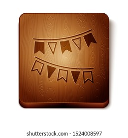 Brown Carnival garland with flags icon isolated on white background. Party pennants for birthday celebration, festival and fair decoration. Wooden square button. Vector Illustration