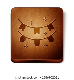 Brown Carnival garland with flags icon isolated on white background. Party pennants for birthday celebration, festival and fair decoration. Wooden square button. Vector Illustration