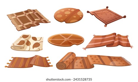 Brown carpet of different shape and size with pattern. Cartoon vector illustration set of cozy round and rectangular fabric cloth rug and mat with tassel and fringed for home floor decoration.