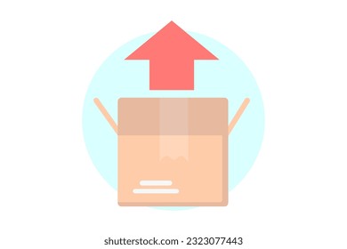 Brown carton box with red arrow out. Shopping flat style icons in red and blue colors