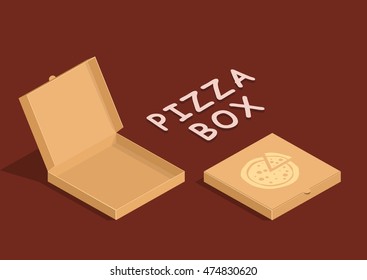 Brown carton packaging pizza box in flat style. Cardboard empty open and close pizza boxes isolated on dark background.