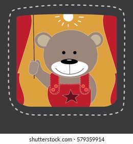 Brown cartoon bear turn off the light and closing the red curtain at night. Cute shirt design for kid and drawing book.