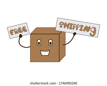 Brown cartoon box holding FREE SHIPPING sign