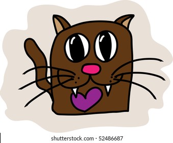Brown cartoon cat with heart. Vector