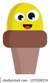 A brown cartoon cone ice cream with yellow colored scoop has two bulging eyes of different shapes exposes tongue while laughing vector color drawing or illustration 