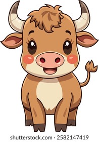 A brown cartoon cow with small horns, rosy cheeks, and large eyes.