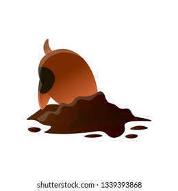 Brown cartoon dirty dog digging hole isolated on white background