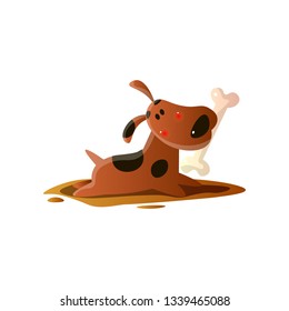 Brown cartoon dog carrying bone in mouth isolated on white background