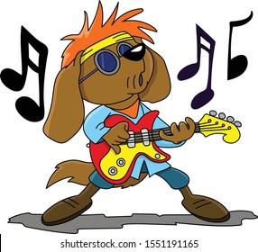 Brown cartoon dog playing electronic guitar and singing rock and roll vector illustration