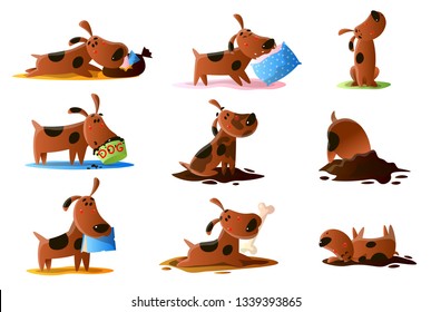 Brown cartoon dog set of normal everyday activities isolated on white background