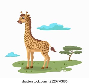 brown cartoon giraffe on the green meadow ,Wild Animal Vector Illustrations For Kids Editable