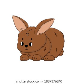 Brown cartoon hand drawn rabbit is calm, looks forward, sits on the ground. Bunny is smiling