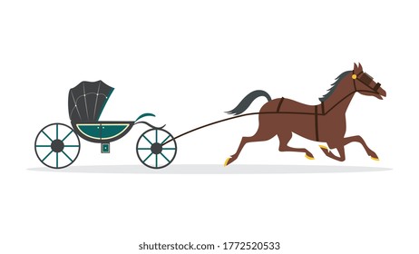 Brown Cartoon Horse Carrying Green Carriage Wagon Isolated On White Background. Elegant Vintage Chariot - Medieval Animal Drawn Transport From Side View, Vector Illustration.