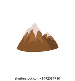 Brown cartoon mountain range with ice snow cap isolated on white background, flat icon sign of nature camping site and high rock climbing peak - vector illustration
