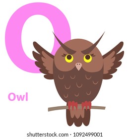 Brown cartoon owl Character with letter O educational cards. Sitting night-bird with raised wings and eyebrow isolated on white. Vector illustration of children typography training card cartoon design