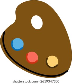 A brown cartoon paint palette with three paint blobs.  This image is perfect for kids projects and educational materials. Cartoon Vector Illustration.