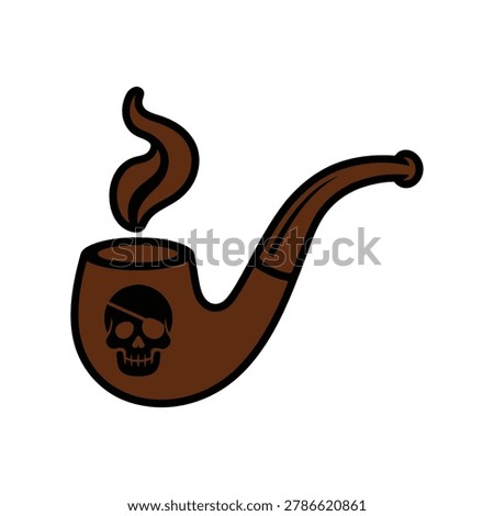 Brown cartoon pirate smoking pipe with skull symbol isolated on white background