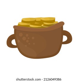 Brown cartoon pot is filled with gold coins. Vector illustration on white background