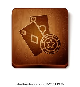 Brown Casino chip and playing cards icon isolated on white background. Casino poker. Wooden square button. Vector Illustration
